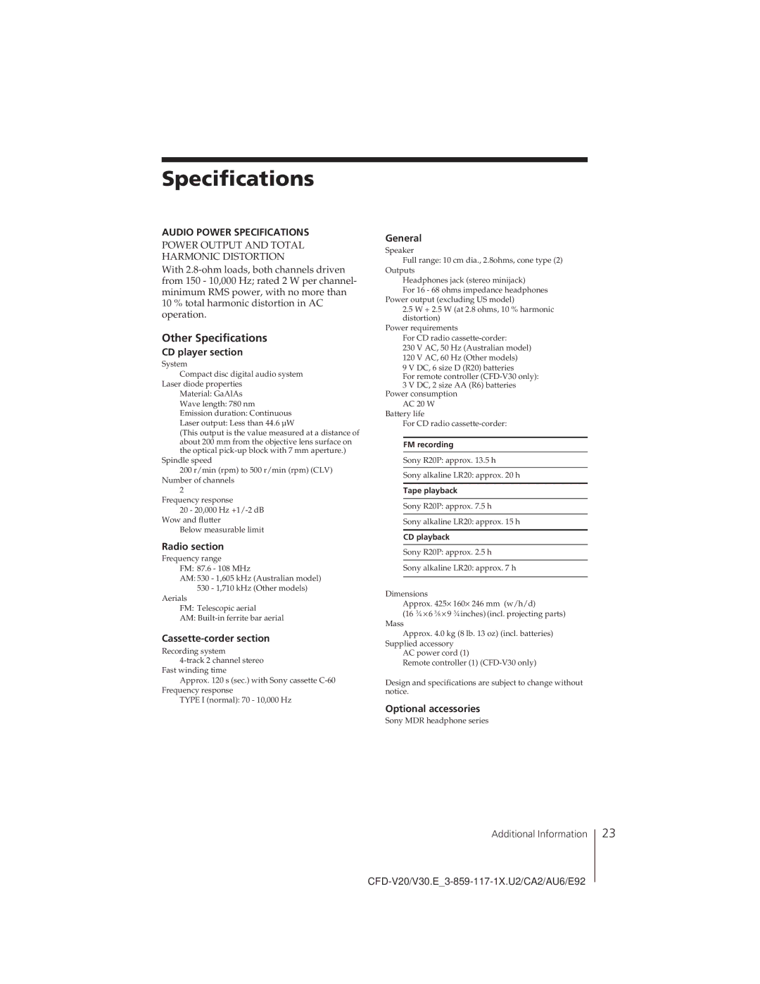 Sony CFD-V20 operating instructions Other Specifications 