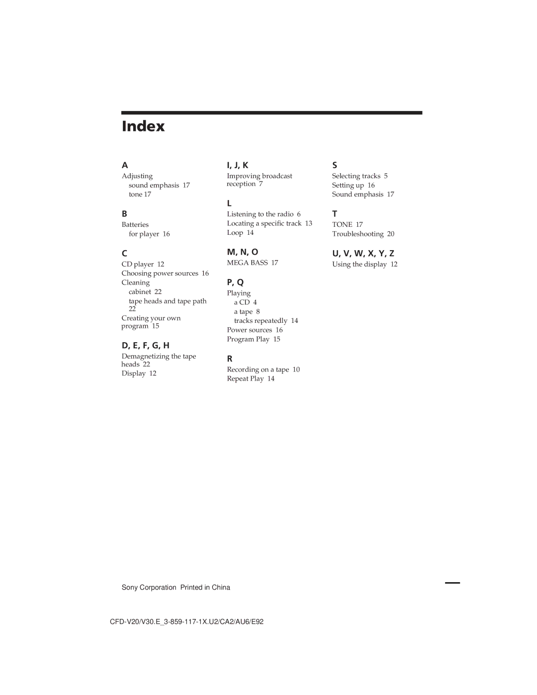 Sony CFD-V20 operating instructions Index, F, G, H, W, X, Y, Z 