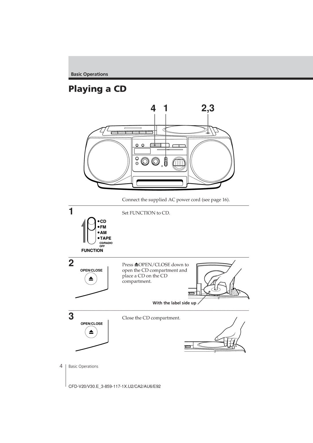 Sony CFD-V20 operating instructions Playing a CD, Basic Operations, With the label side up 