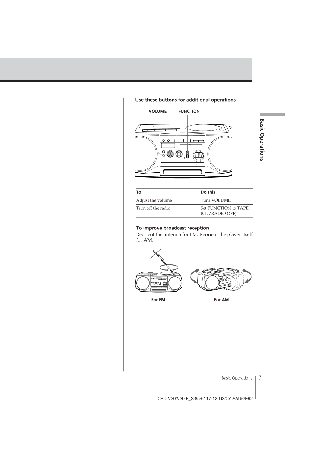 Sony CFD-V20 operating instructions To improve broadcast reception, For FM 