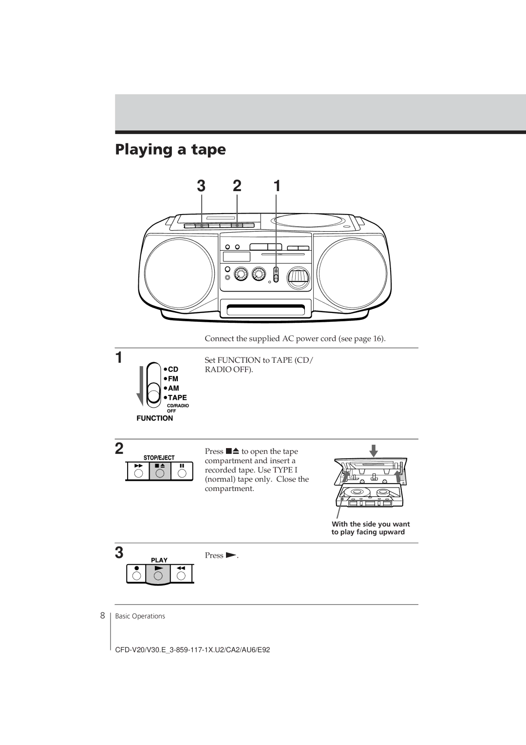 Sony CFD-V20 operating instructions Playing a tape, Radio OFF 