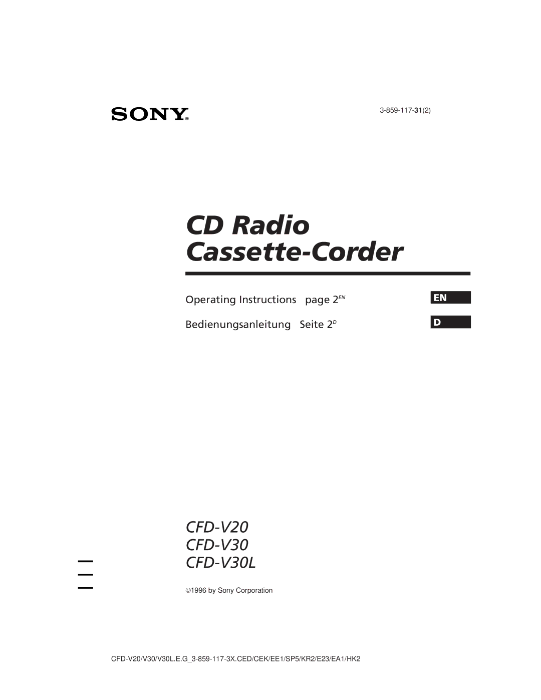 Sony CFD-V30L operating instructions CD Radio Cassette-Corder 