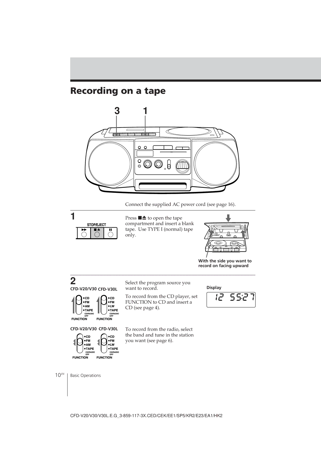 Sony CFD-V30L operating instructions Recording on a tape, 10EN 