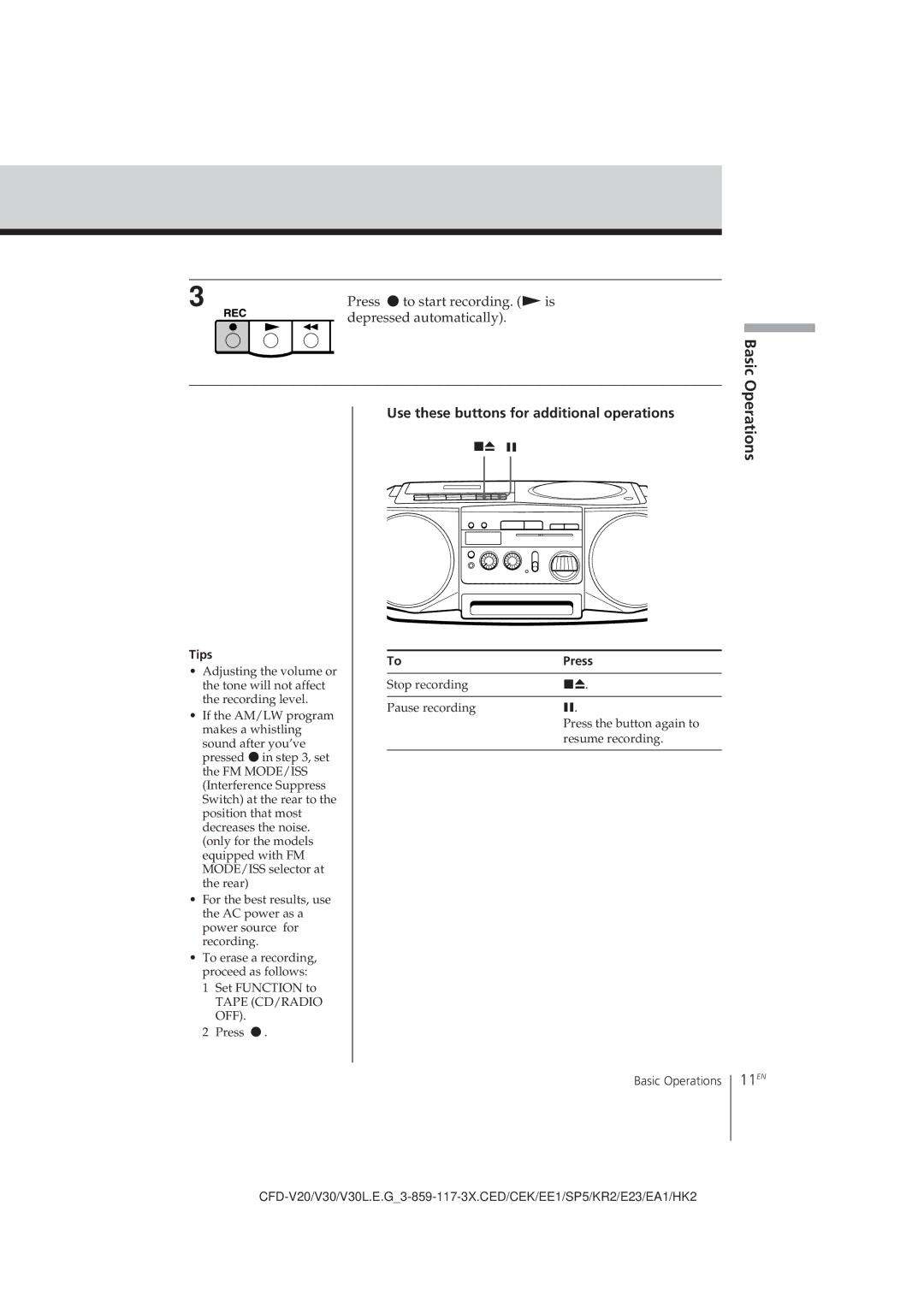 Sony CFD-V30L operating instructions 11EN, Tips, Press 