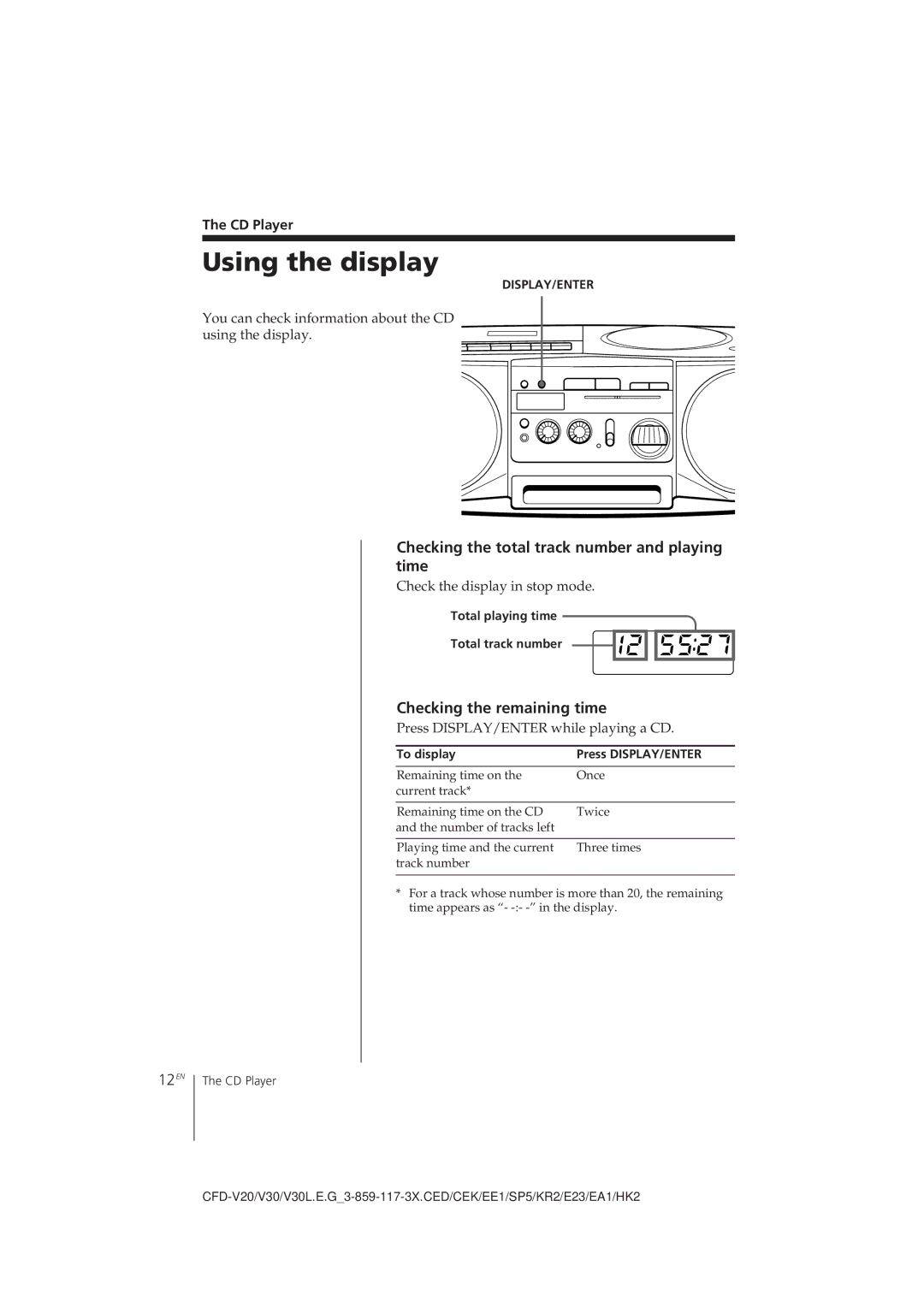 Sony CFD-V30L Using the display, Checking the total track number and playing time, Checking the remaining time, 12EN 