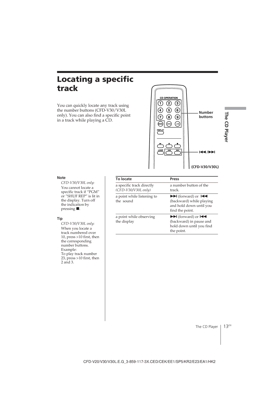 Sony CFD-V30L operating instructions Locating a specific track, CD Player, 13EN, To locate Press 