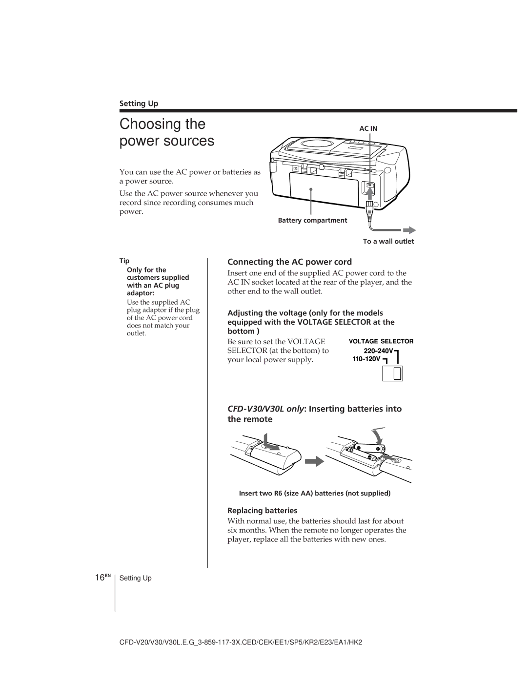 Sony CFD-V30L operating instructions Choosing the power sources, Connecting the AC power cord, 16EN 