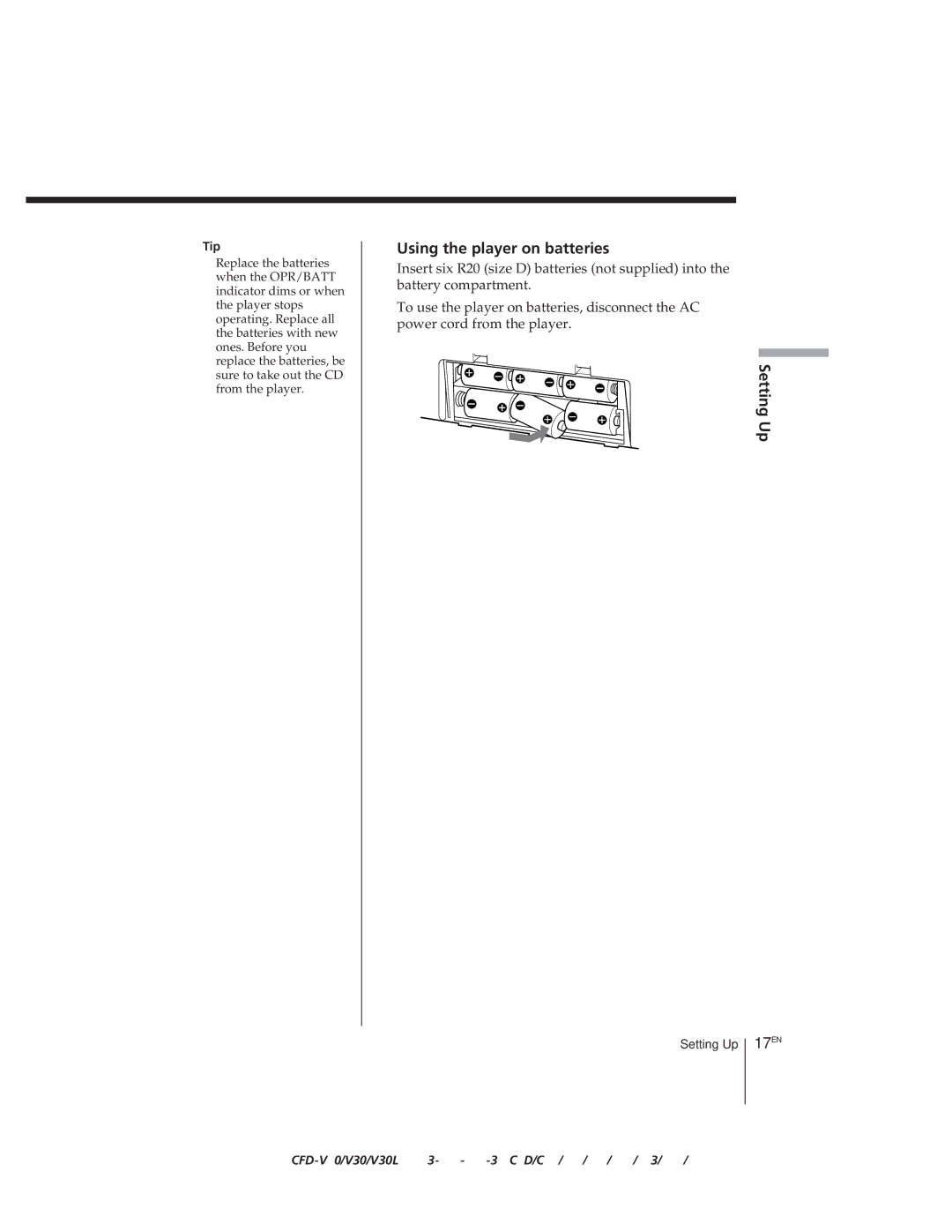 Sony CFD-V30L operating instructions Using the player on batteries, 17EN 