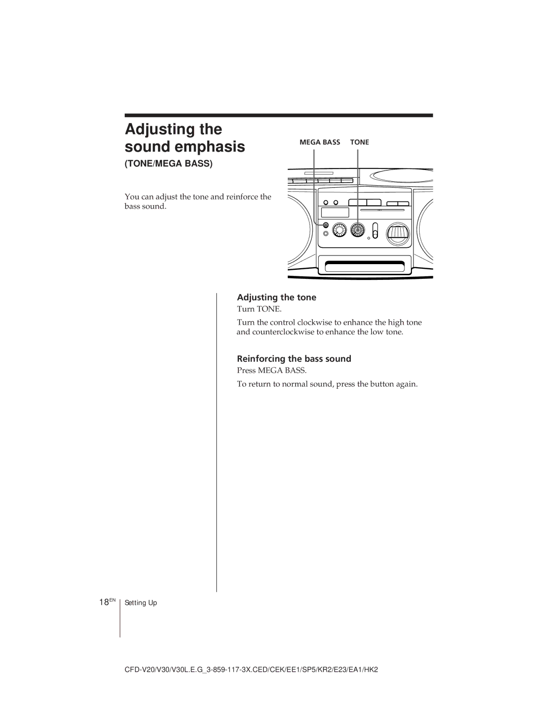 Sony CFD-V30L operating instructions Adjusting the sound emphasis, Adjusting the tone, Reinforcing the bass sound, 18EN 