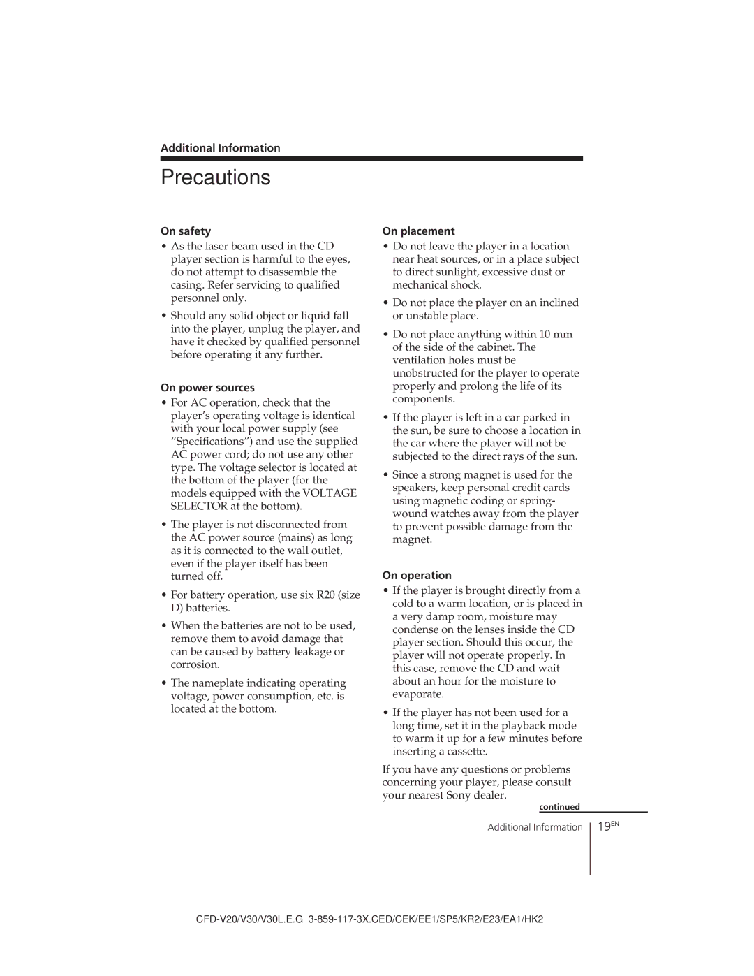 Sony CFD-V30L operating instructions Precautions, 19EN 