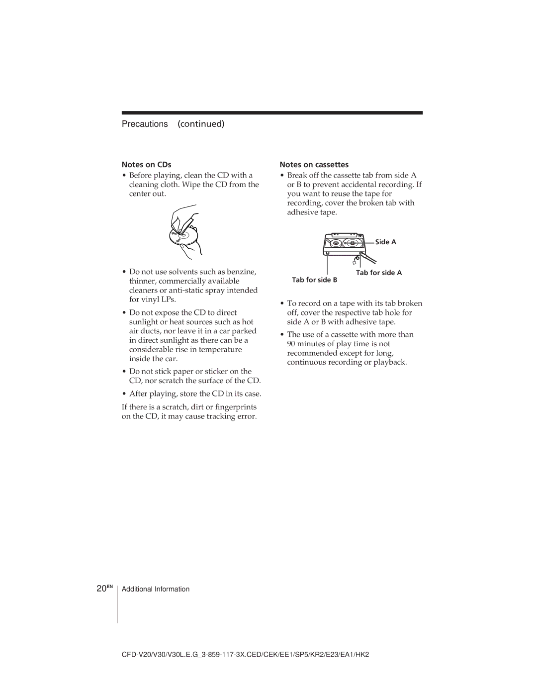 Sony CFD-V30L operating instructions Precautions, 20EN, Side a Tab for side a Tab for side B 