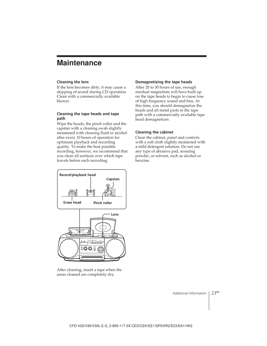 Sony CFD-V30L operating instructions Maintenance, 23EN 