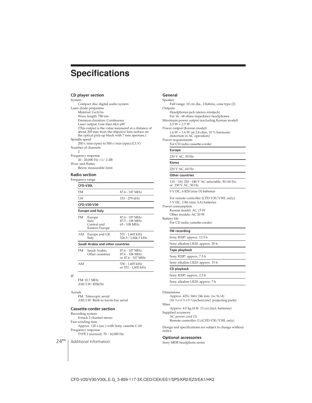 Sony CFD-V30L operating instructions Specifications 