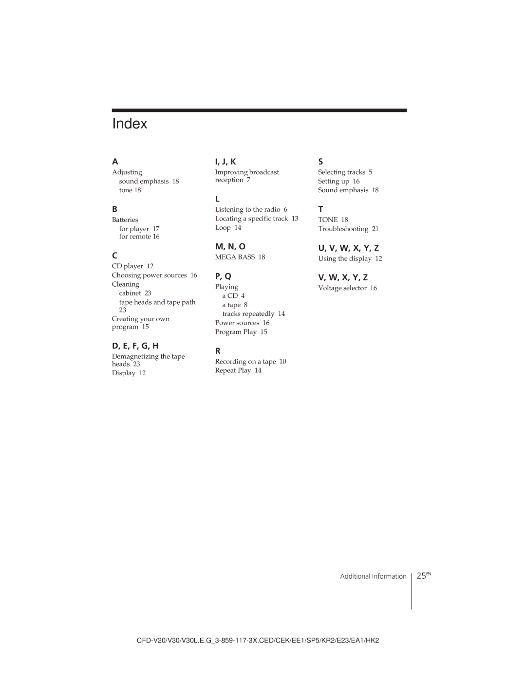 Sony CFD-V30L operating instructions Index, F, G, H, W, X, Y, Z 