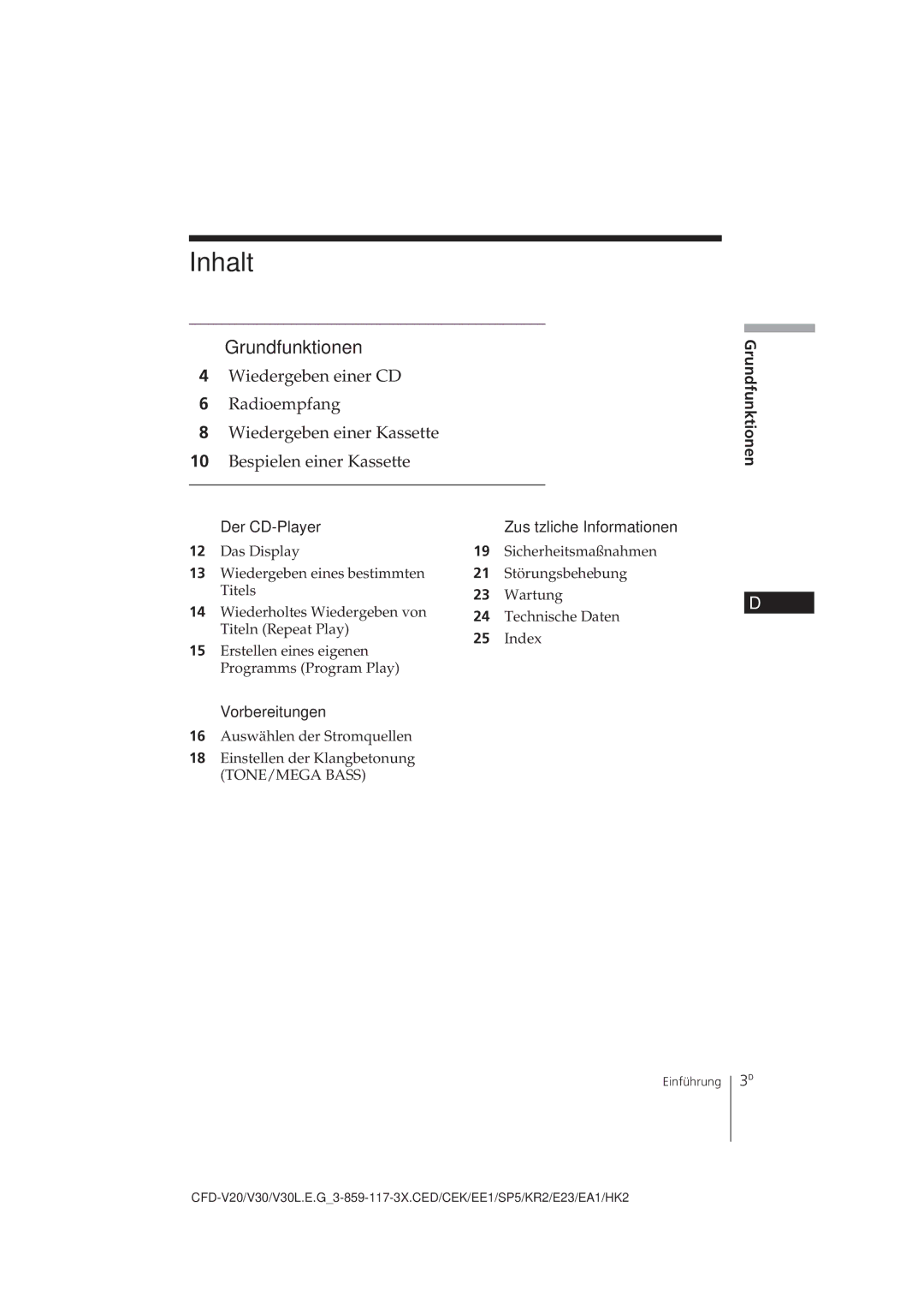 Sony CFD-V30L operating instructions Inhalt, Grundfunktionen Der CD-Player, Vorbereitungen, Zusätzliche Informationen 