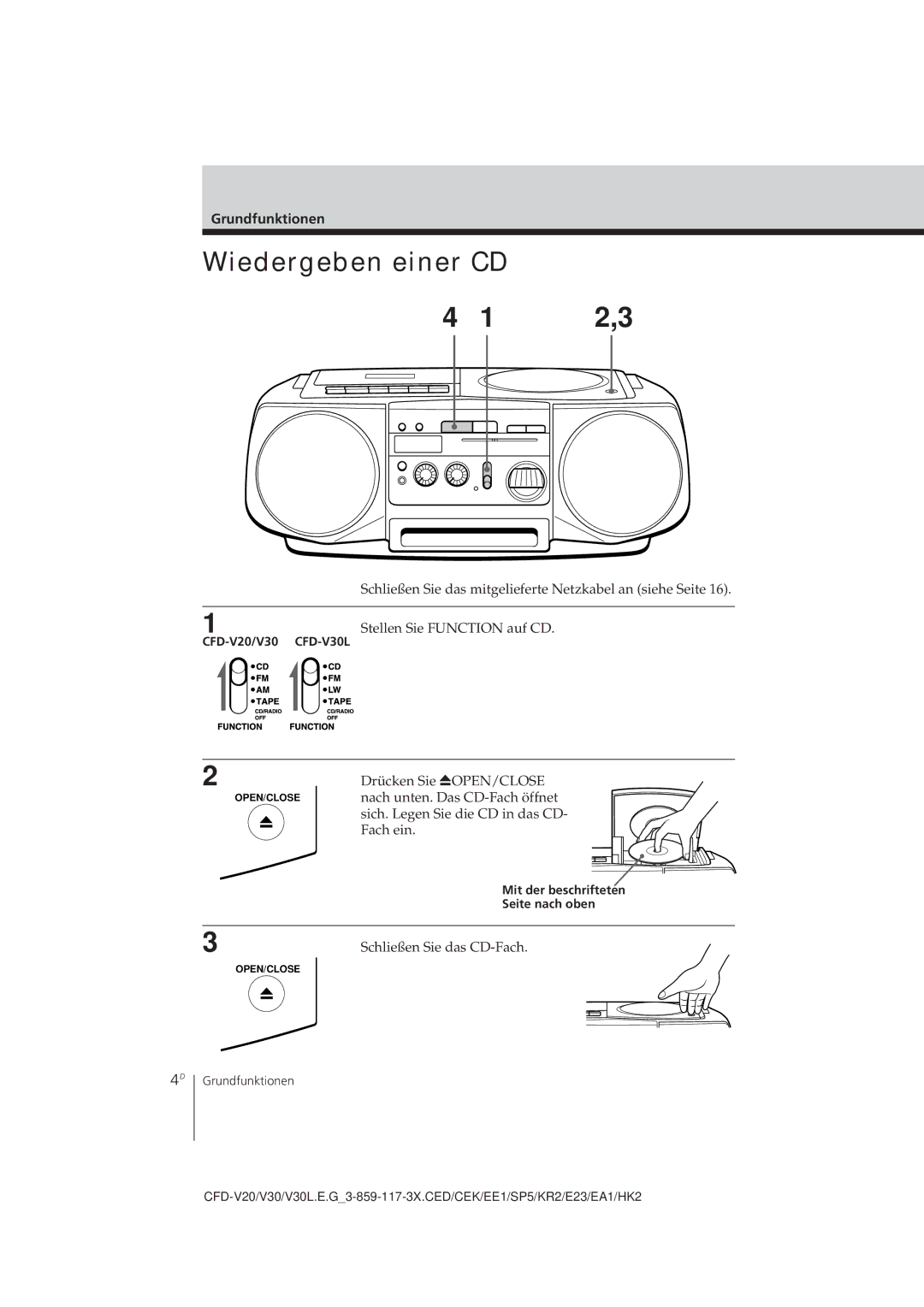 Sony CFD-V30L Wiedergeben einer CD, Grundfunktionen, CFD-V20/V30, Mit der beschrifteten, Seite nach oben 