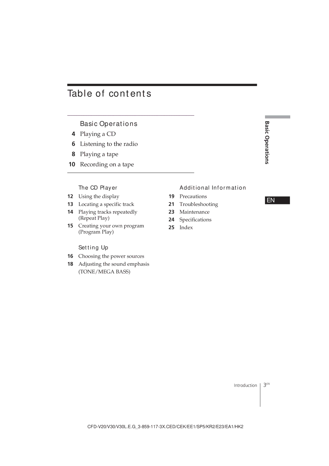 Sony CFD-V30L operating instructions Table of contents 