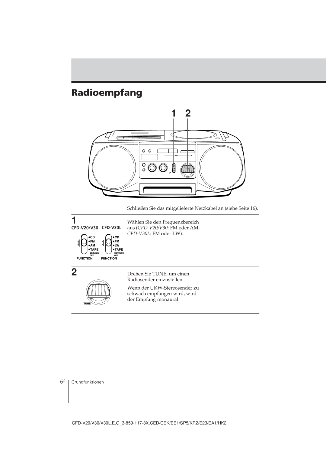 Sony operating instructions Radioempfang, CFD-V20/V30 CFD-V30L 