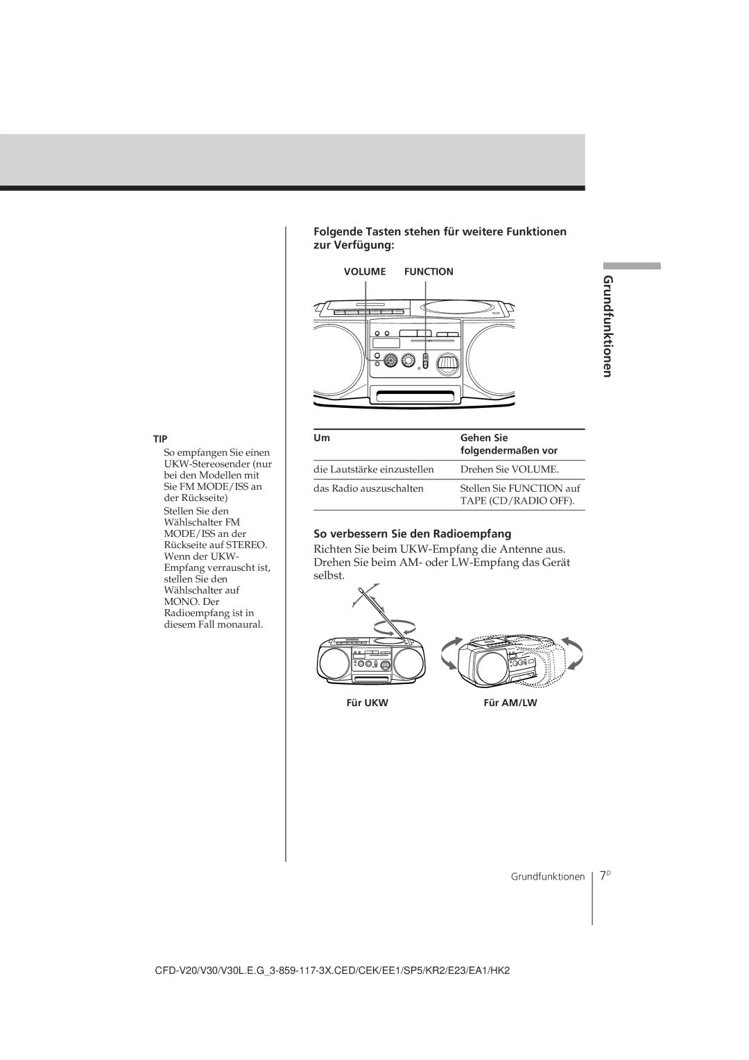 Sony CFD-V30L operating instructions So verbessern Sie den Radioempfang, Für UKW 