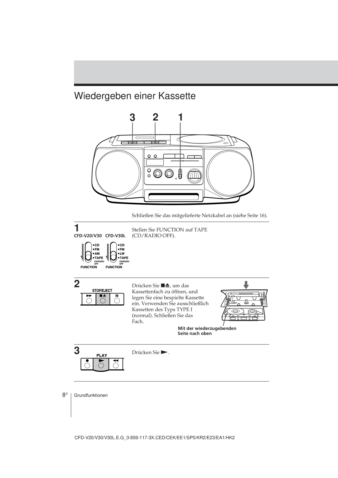 Sony CFD-V30L operating instructions Wiedergeben einer Kassette, Cd/Radio Off 