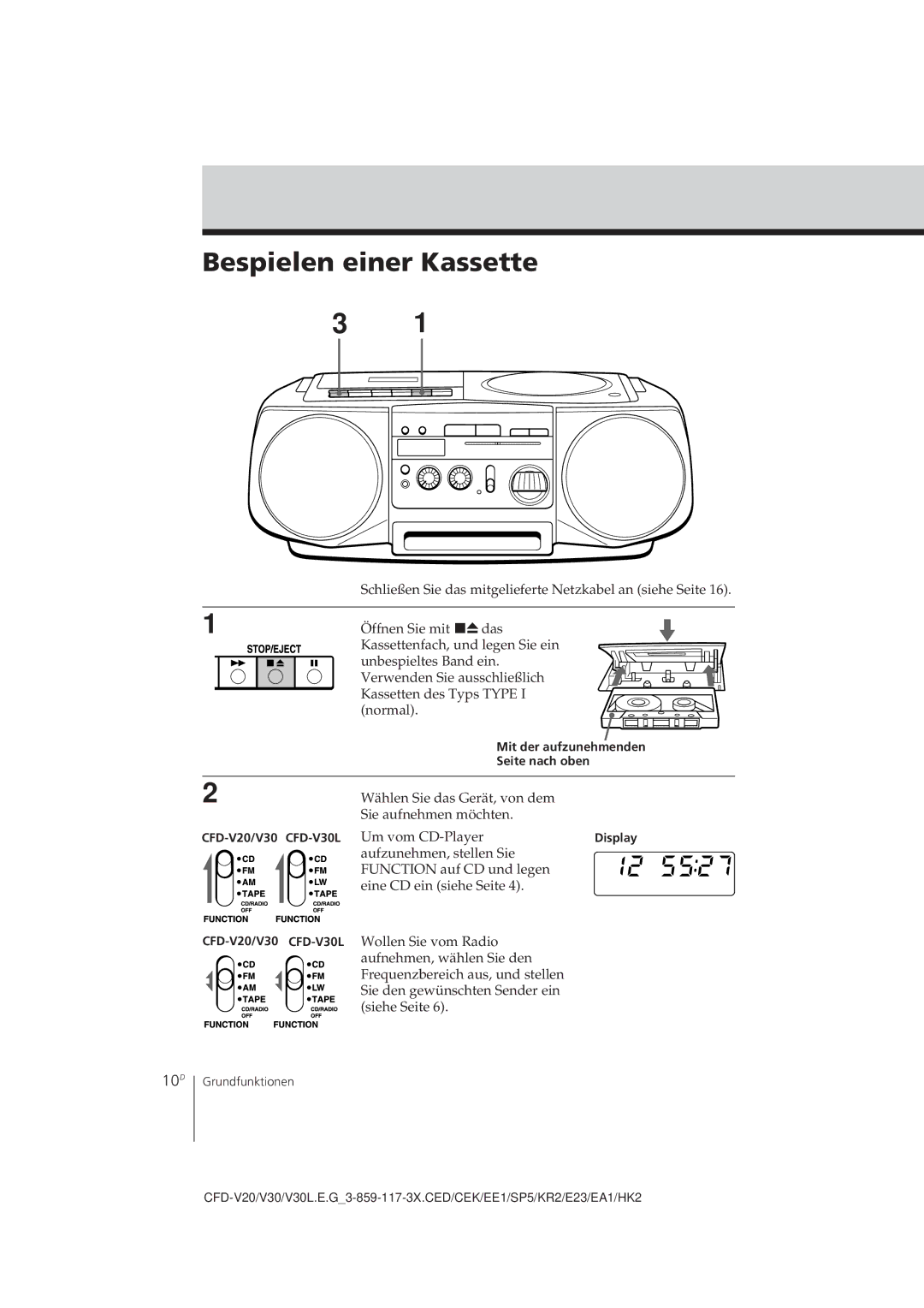 Sony CFD-V30L operating instructions Bespielen einer Kassette, 10D 