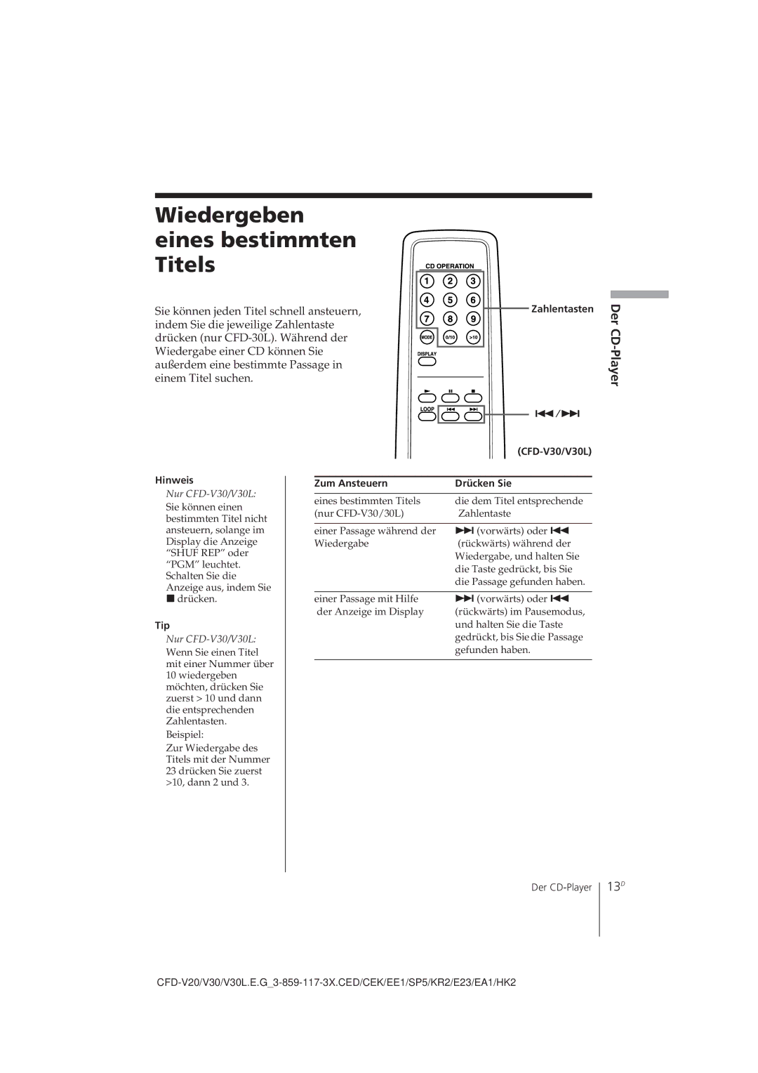 Sony CFD-V30L operating instructions Wiedergeben eines bestimmten Titels, 13D 