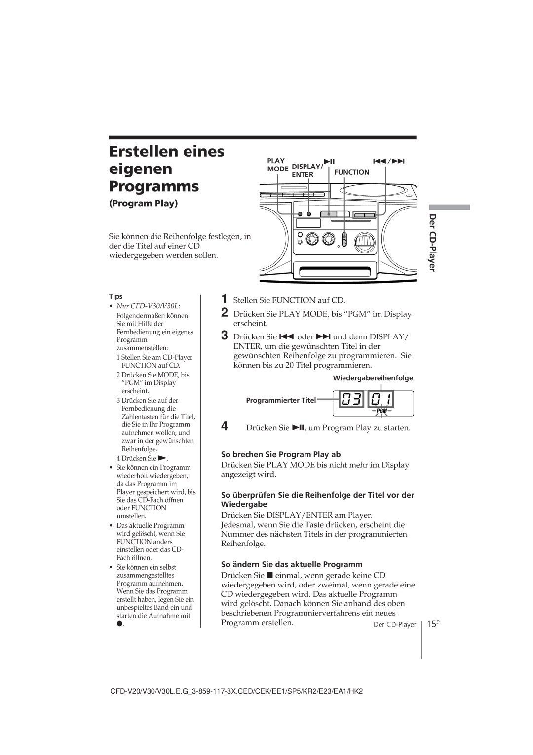 Sony CFD-V30L operating instructions Erstellen eines eigenen Programms, 15D, So brechen Sie Program Play ab 