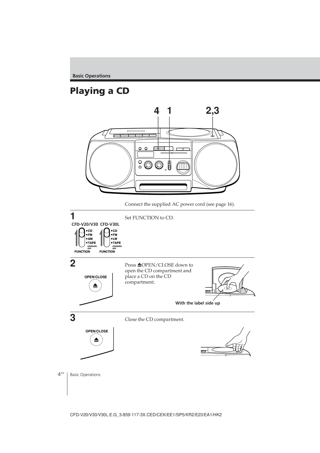 Sony CFD-V30L operating instructions Playing a CD, Basic Operations 