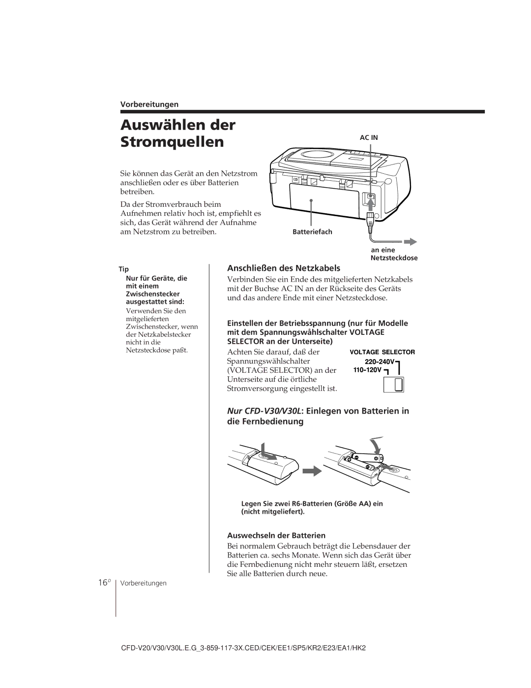 Sony CFD-V30L Auswählen der Stromquellen, 16D, Anschließen des Netzkabels, Vorbereitungen, Auswechseln der Batterien 