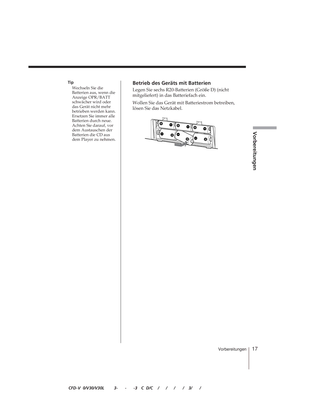 Sony CFD-V30L operating instructions Betrieb des Geräts mit Batterien, Vorbereitungen 