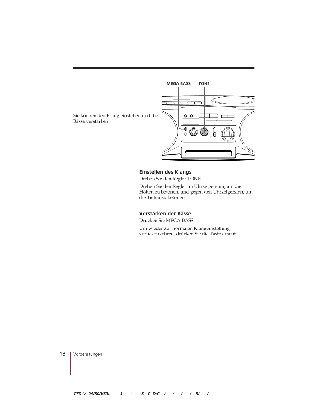 Sony CFD-V30L operating instructions Einstellen der Klangbetonung, 18D, Einstellen des Klangs, Verstärken der Bässe 