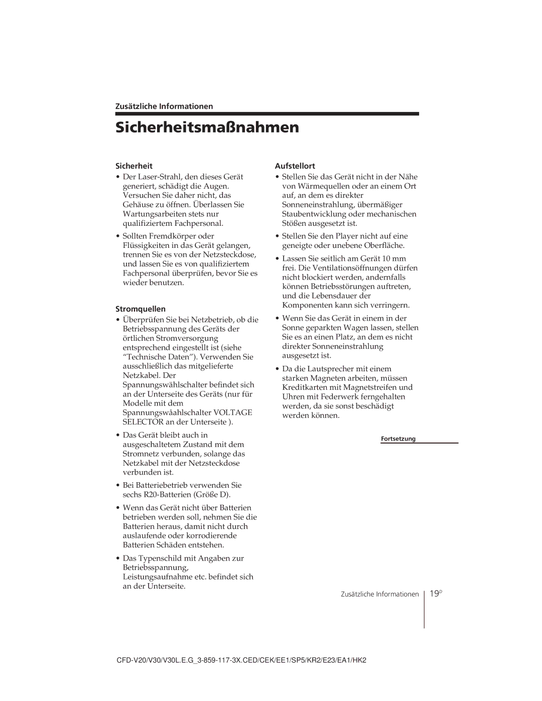 Sony CFD-V30L operating instructions Sicherheitsmaßnahmen, Zusätzliche Informationen, Stromquellen, Aufstellort 