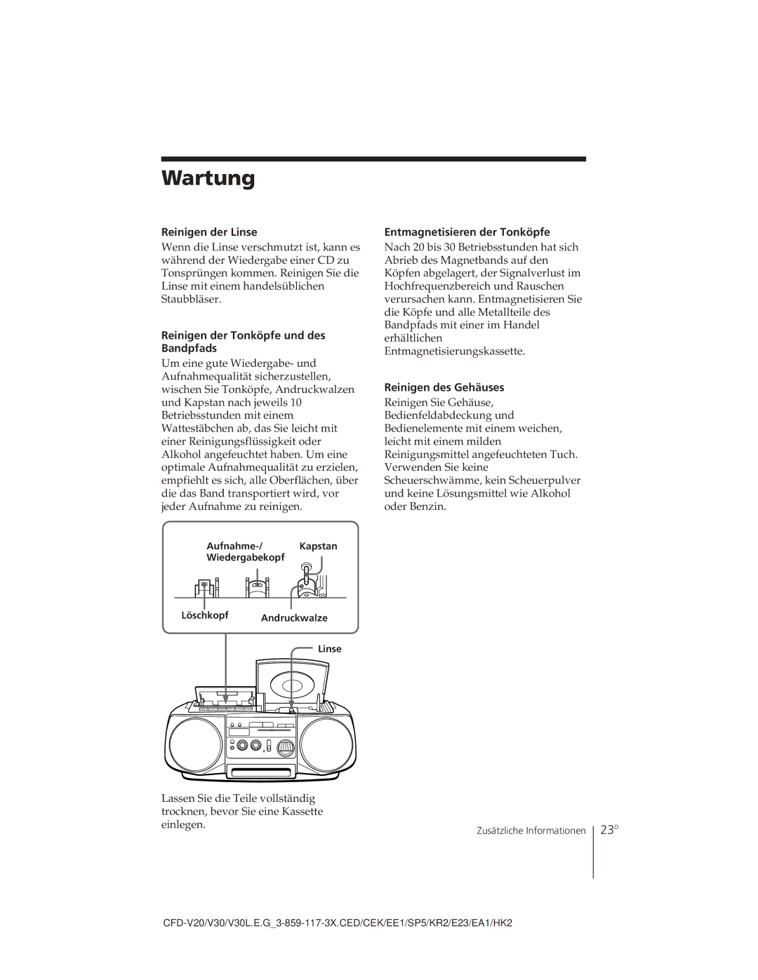 Sony CFD-V30L operating instructions Wartung, 23D 