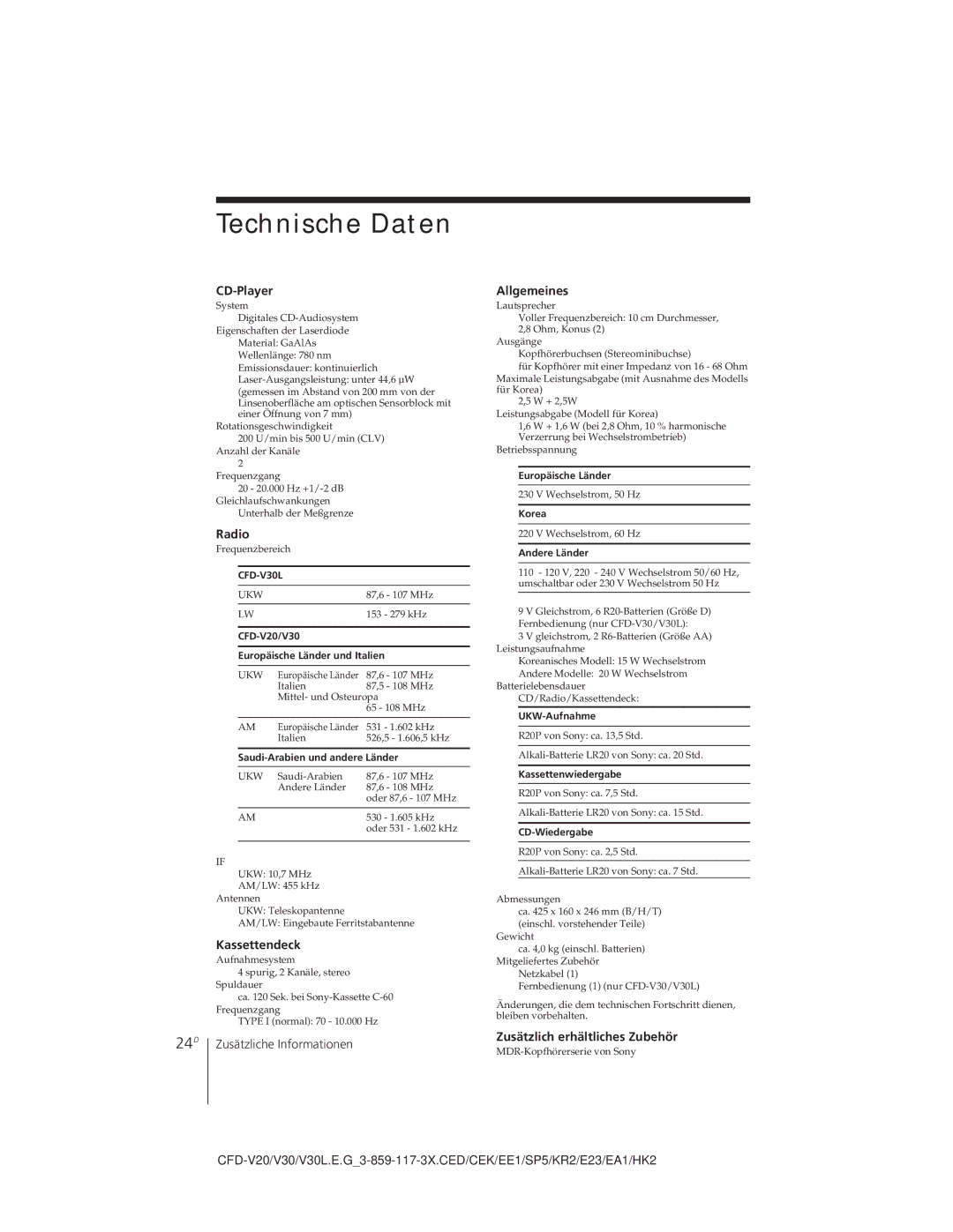 Sony CFD-V30L operating instructions Technische Daten 