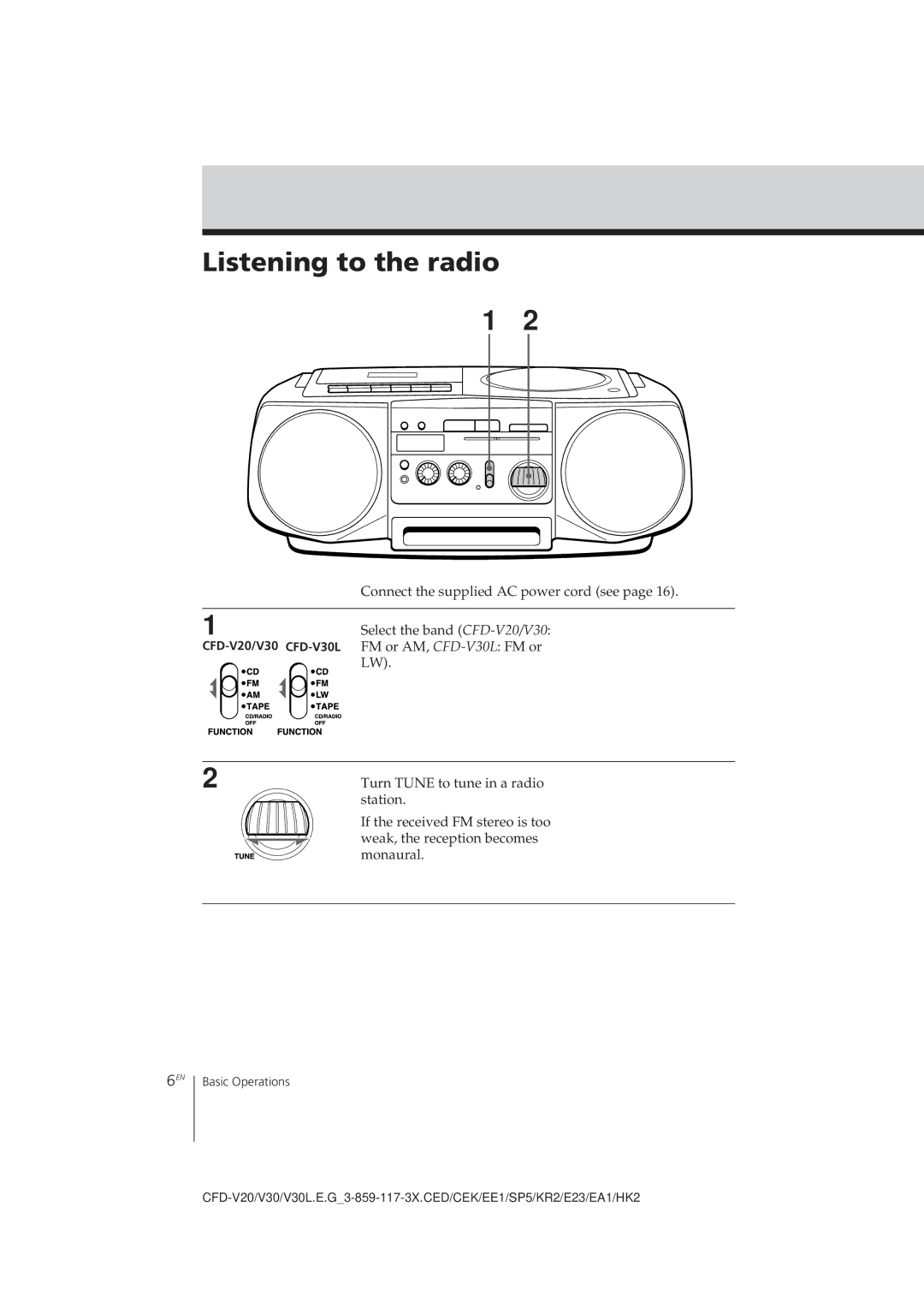 Sony operating instructions Listening to the radio, CFD-V20/V30 CFD-V30L 