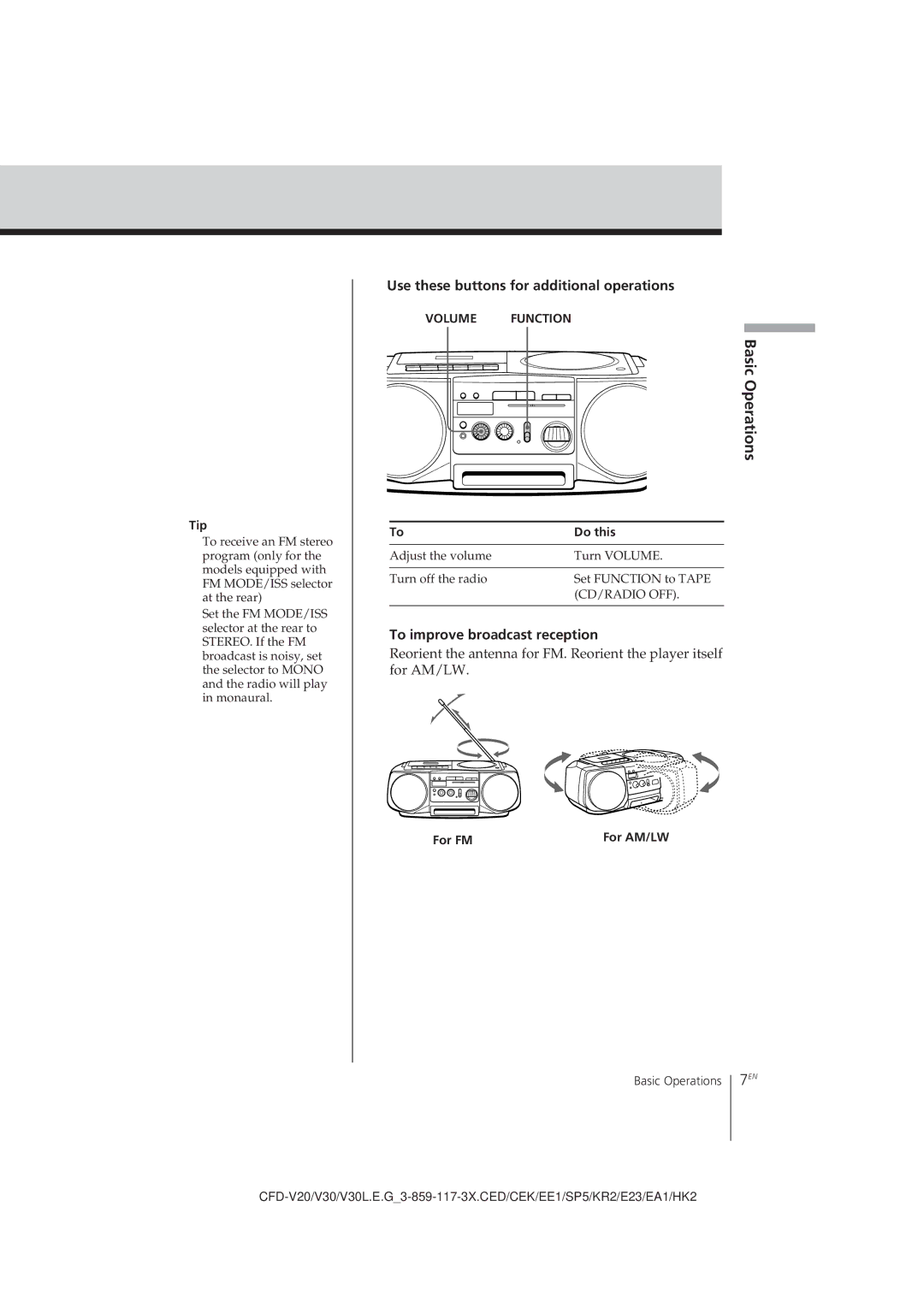 Sony CFD-V30L operating instructions To improve broadcast reception, Tip, For FM 