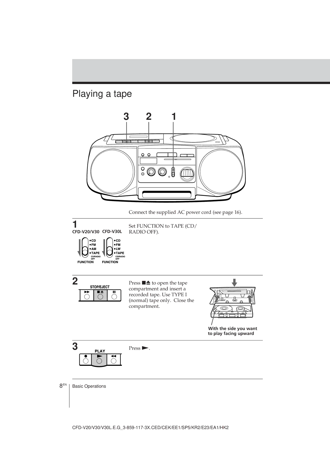 Sony CFD-V30L operating instructions Playing a tape, Radio OFF 