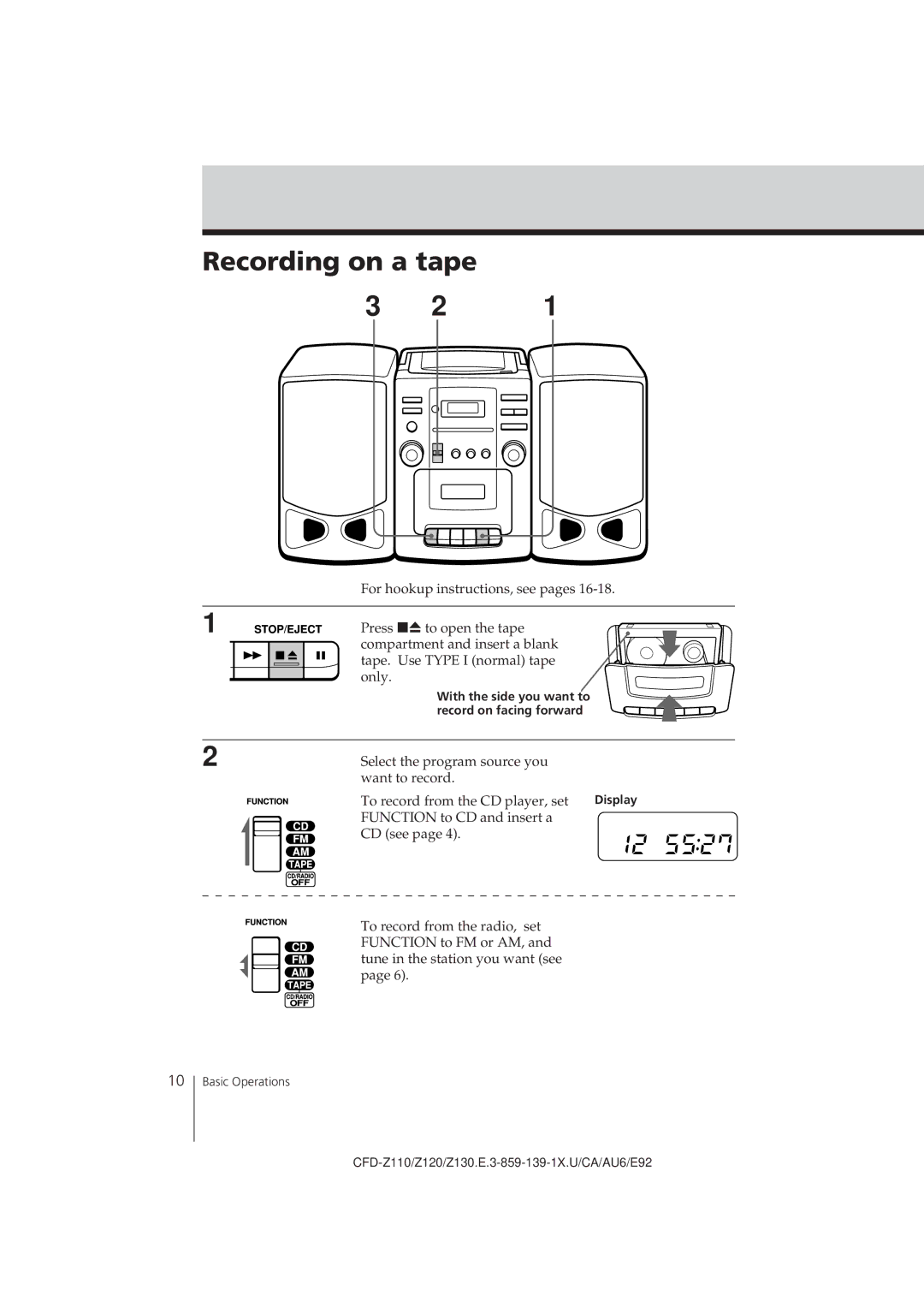 Sony CFD-Z120 operating instructions Recording on a tape 