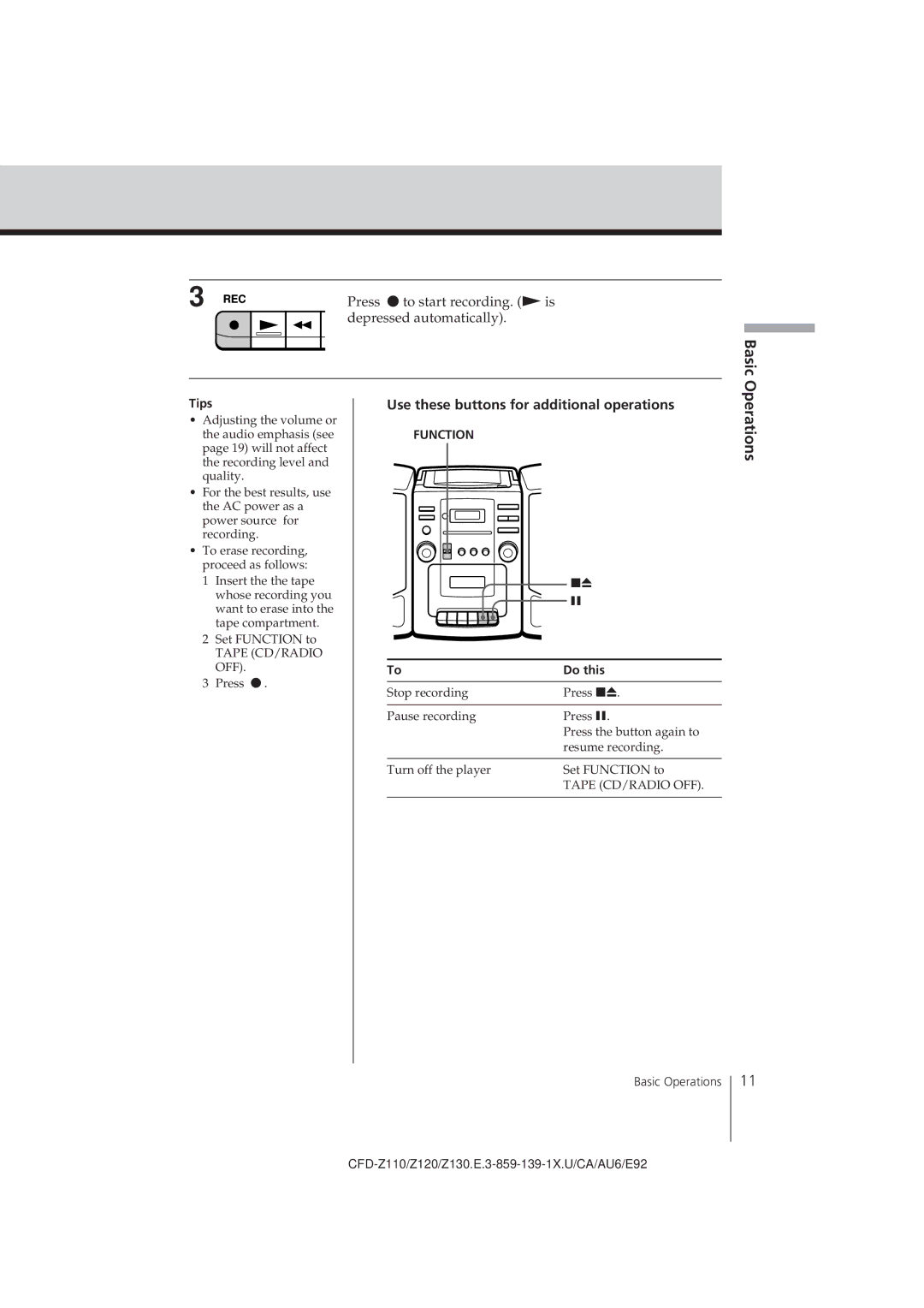 Sony CFD-Z120 operating instructions Depressed automatically, Tips 