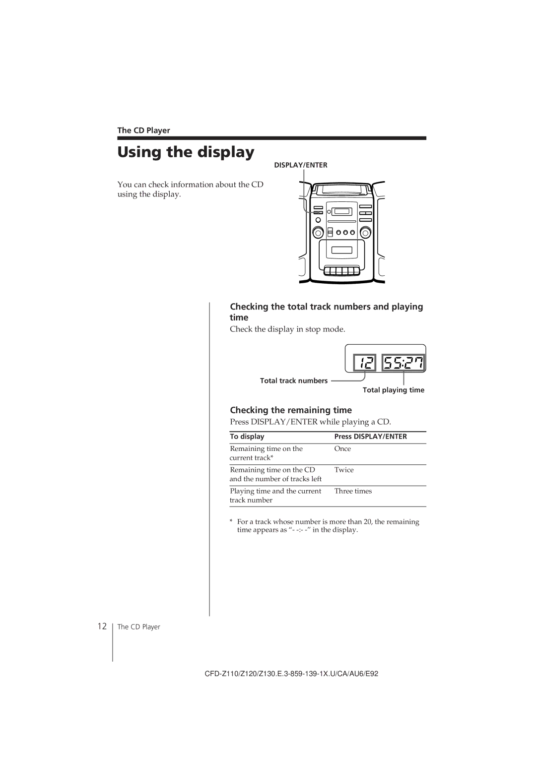 Sony CFD-Z120 Using the display, Checking the total track numbers and playing time, Checking the remaining time, CD Player 