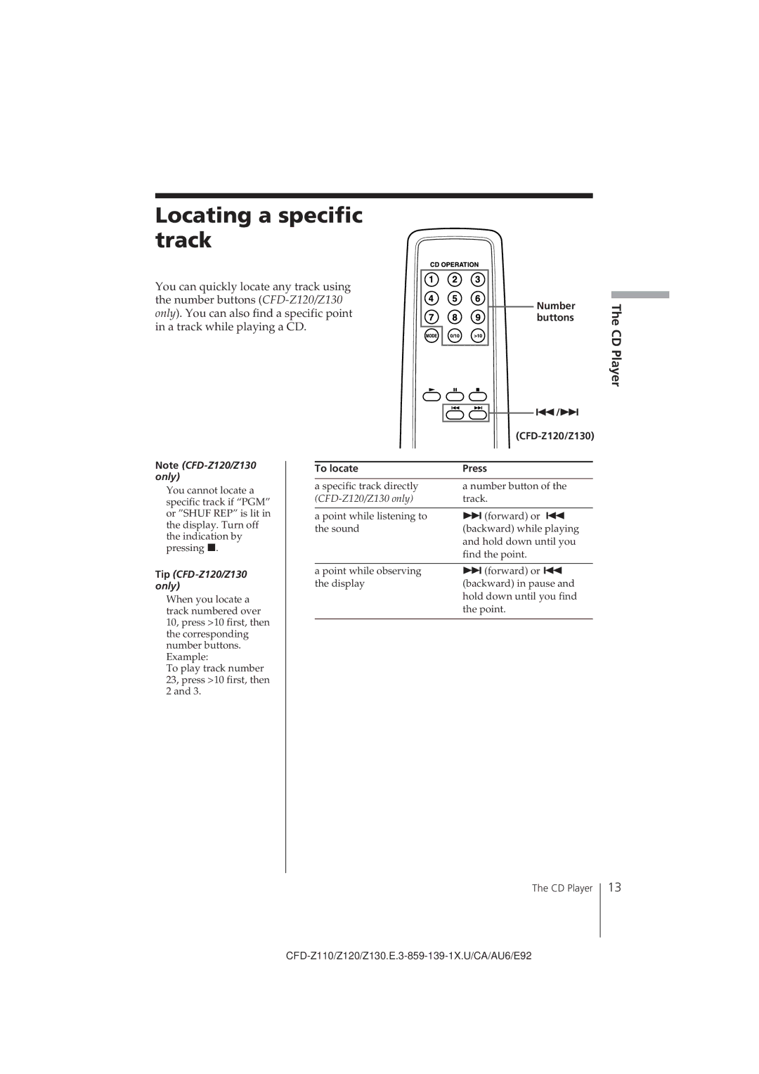 Sony operating instructions Locating a specific track, CD Player, CFD-Z120/Z130, To locate Press 