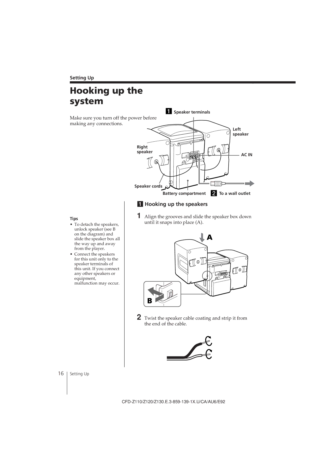 Sony CFD-Z120 operating instructions Hooking up the system, Hooking up the speakers, Setting Up, Speaker terminals 