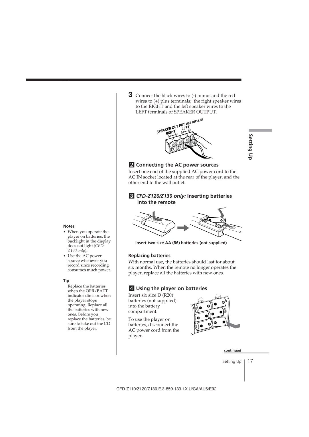 Sony CFD-Z120 Setting Up Connecting the AC power sources, Using the player on batteries, Replacing batteries, Tip 