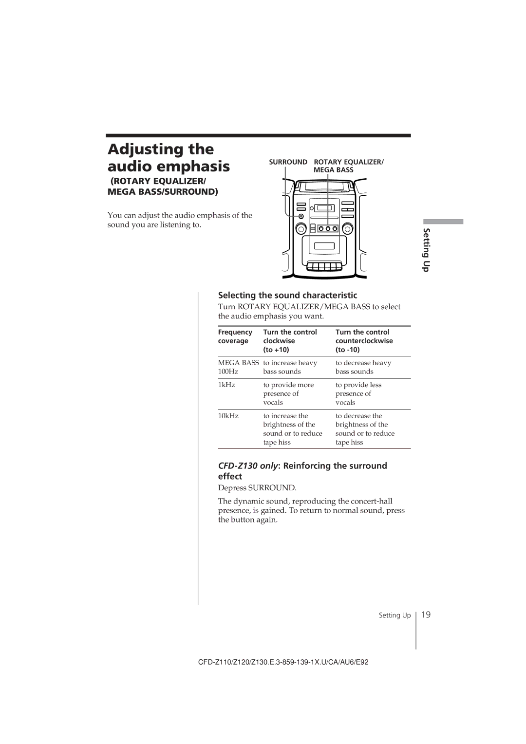 Sony CFD-Z120 operating instructions Adjusting the audio emphasis, Setting Up Selecting the sound characteristic 