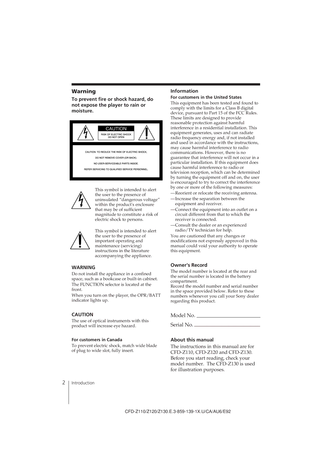 Sony CFD-Z120 Information, Owners Record, About this manual, For customers in the United States, For customers in Canada 