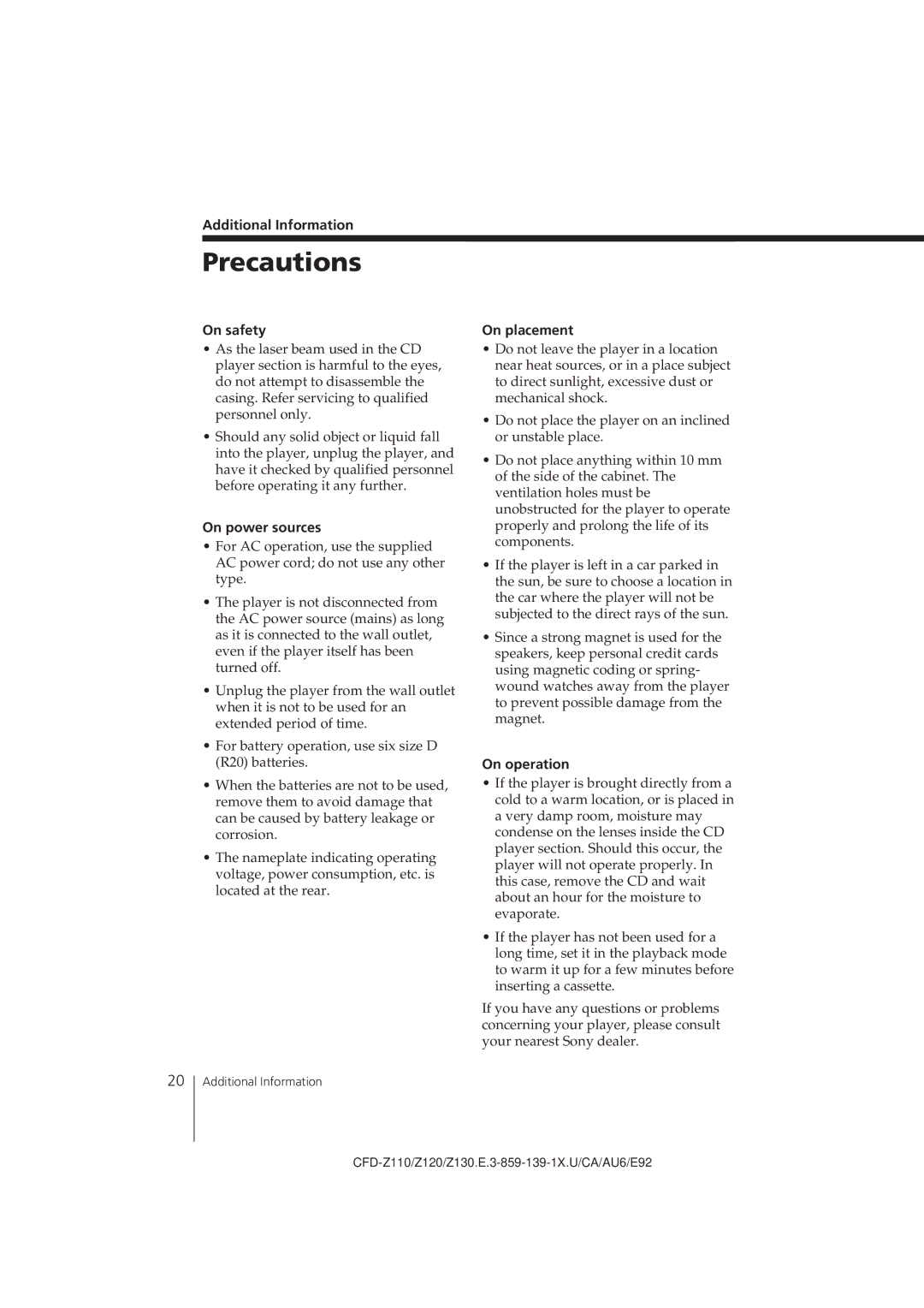 Sony CFD-Z120 operating instructions Precautions 