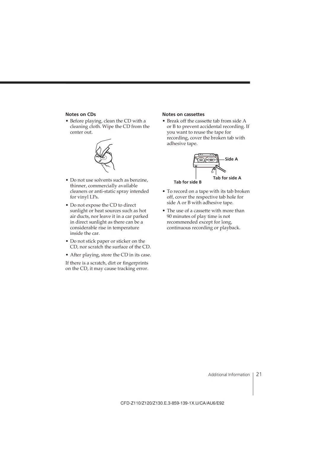 Sony CFD-Z120 operating instructions Side a, Tab for side a Tab for side B 