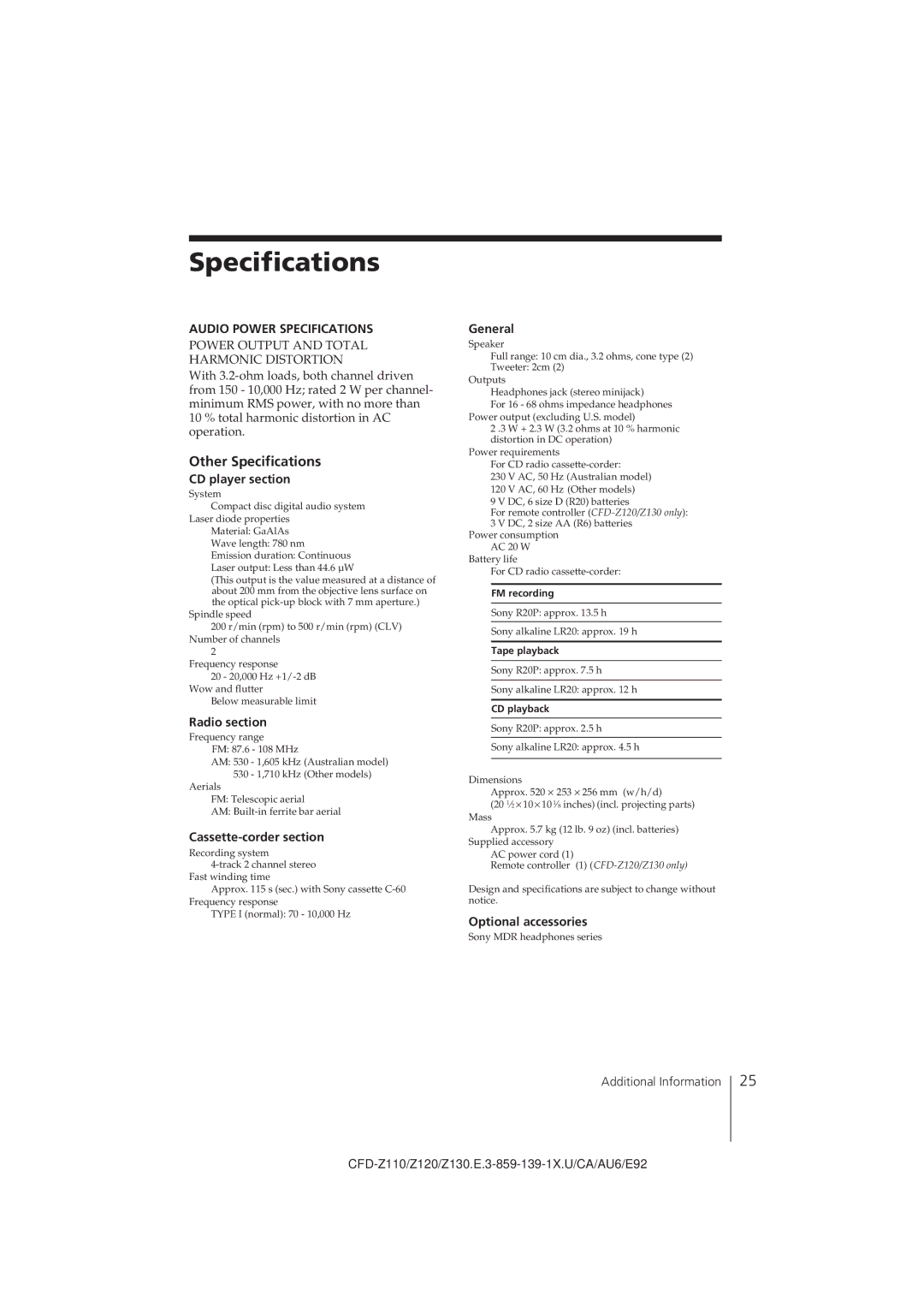 Sony CFD-Z120 operating instructions Other Specifications 