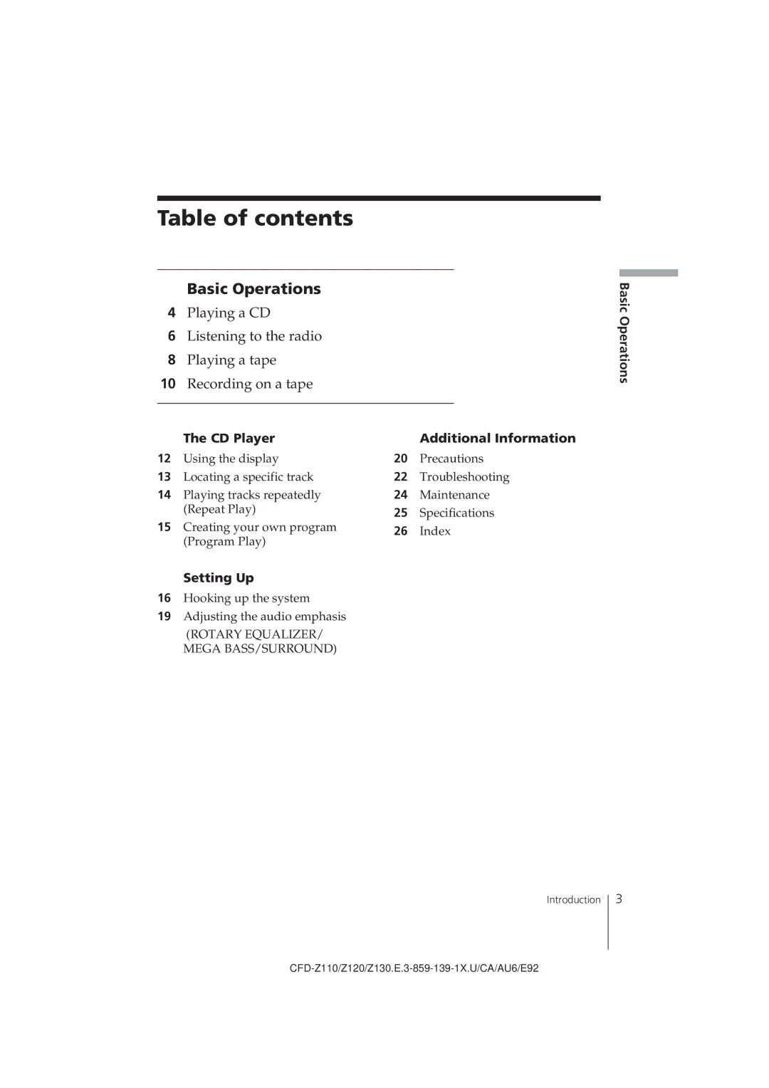 Sony CFD-Z120 operating instructions Table of contents 