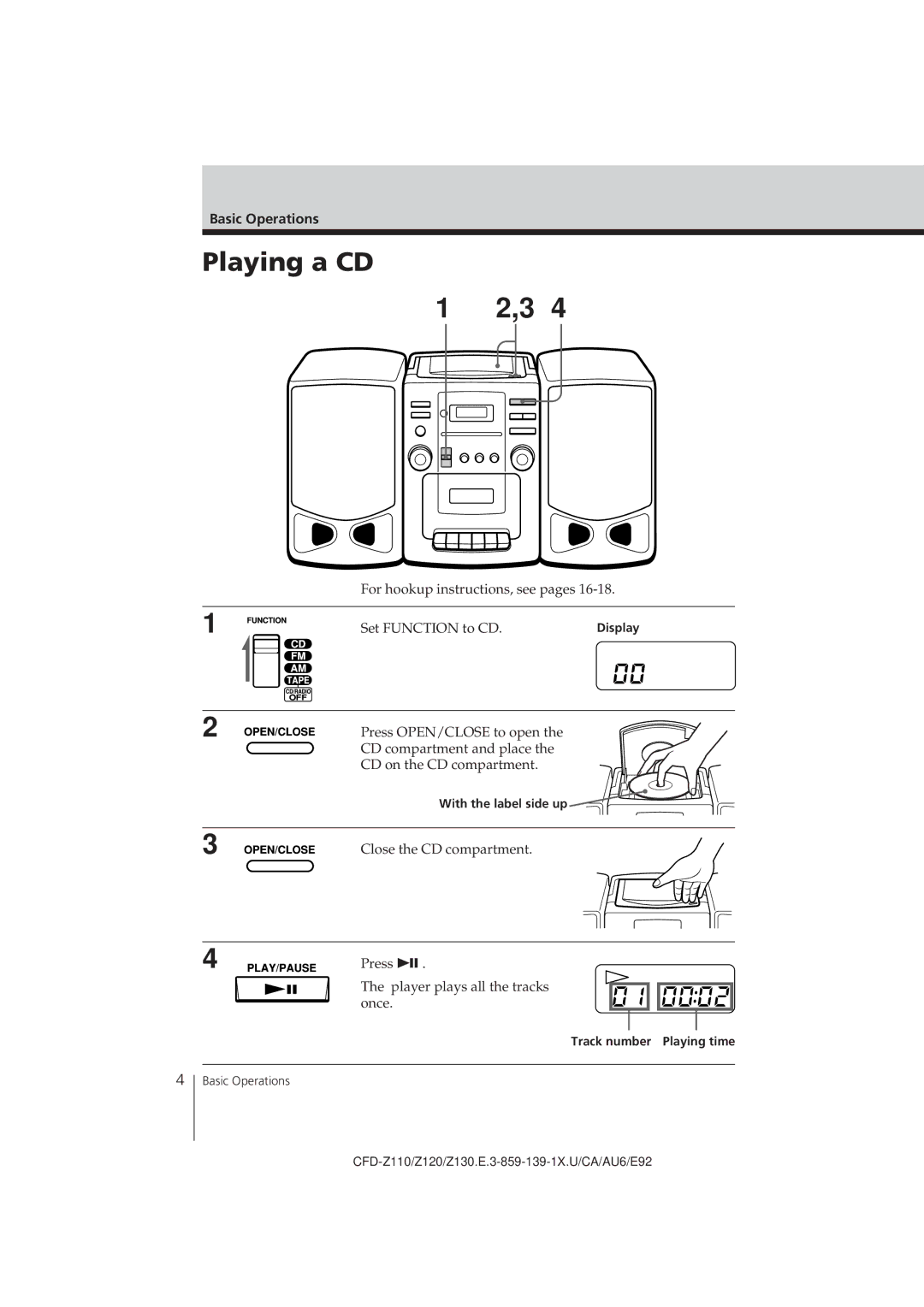 Sony CFD-Z120 operating instructions Playing a CD, Basic Operations, With the label side up, Track number Playing time 